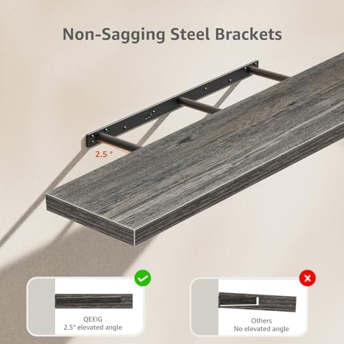 QEEIG Floating Shelves for Wall 47.2" Extra Long - Wall Mounted Shelf Bathroom Kitchen Living Room Bedroom Farmhouse Home Decor Display Bookshelf Large 47.2 x 9.3 inch Set of 2, Grey (008-120GY)