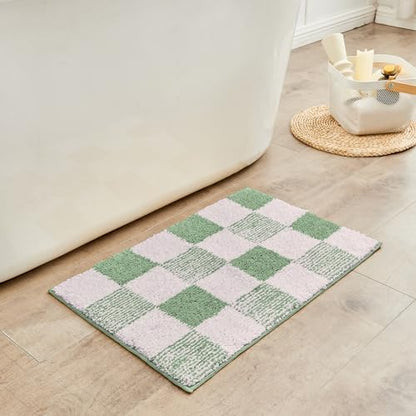 CozeCube Sage Green Checkered Bath Mat 24"x16" Non Slip Washable Rug