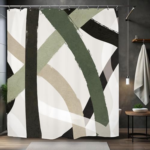 Abstract Sage Green Black Shower Curtain 60Wx72L Inch Line Minimalist Contemporary Modern Simple Art Bathroom Set Accessories Decor with 12 Pack Hooks