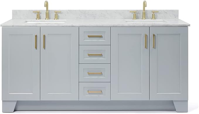 ARIEL Taylor 72-inch Bathroom Vanity with Sink,Solid Wood, 0.75-inch Italian Carrara Marble Countertop, Double Rectangular Porcelain Sink, 4 Soft Closing Doors, 6 Dovetail Drawers, Grey