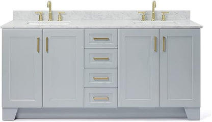 ARIEL Taylor 72-inch Bathroom Vanity with Sink,Solid Wood, 0.75-inch Italian Carrara Marble Countertop, Double Rectangular Porcelain Sink, 4 Soft Closing Doors, 6 Dovetail Drawers, Grey