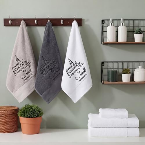 Tiamon 3 Pcs Bathroom Towel Decorative Set 100% Cotton Fluffy Bath Hand Towels for Guest Gifts Farmhouse Kitchen Hand Towels Home(Black, White, Gray,30 x 13 Inch,Friendship)