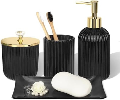 Designer Black Glass Bathroom Accessories Sets - 4 Pcs with Lotion Soap Dispenser, Bathroom Toothbrush Holder, Vanity Tray, and Apothecary Jar, Vintage Bathroom Decor, Gift Countertop Organizer