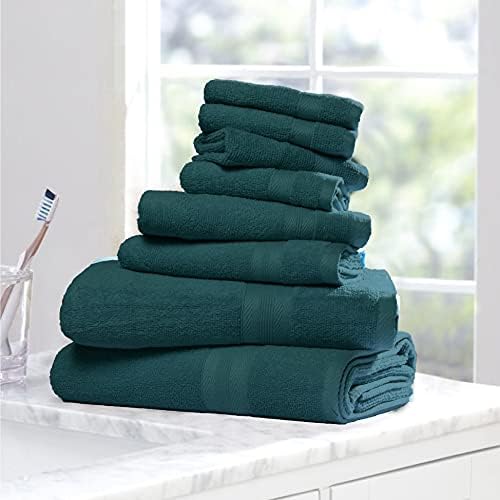 BOUTIQUO 8 Piece Towel Set 100% Ring Spun Cotton, 2 Bath Towels 27X54, 2 Hand Towels 16X28 and 4 Washcloths 13X13 - Ultra Soft Highly Absorbent Machine Washable Hotel Spa Quality - Teal