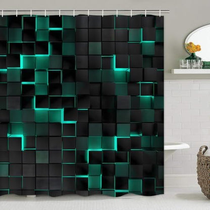 LQCOOL 4Pcs Green Shower Curtain Set 3D Cubes Bathroom Sets Modern Shower Curtain Set for Bathroom Sets with Rugs Black and Green Shower Curtain with 12 Hooks
