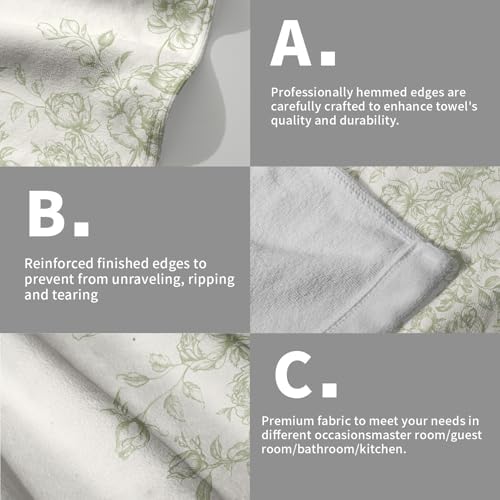 French Country Flowers Hand Towels Set of 2, Green Chinoiserie Vintage Floral Absorbent Dish Towel Tea Towels for Farmhouse Bathroom Kitchen Cleaning and Decor 14x28 Inch