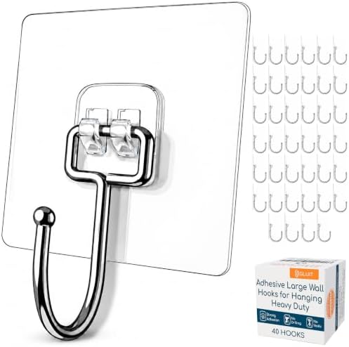 Adhesive Large Wall Hooks for Hanging Heavy Duty No Drill, 22 lbs, 40 pcs