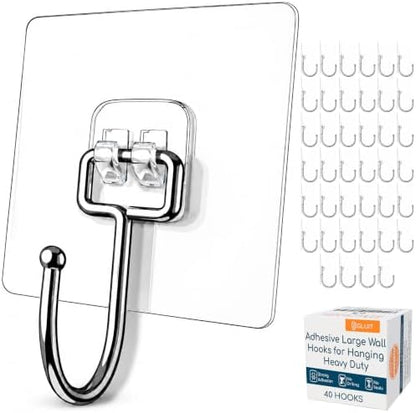 Adhesive Large Wall Hooks for Hanging Heavy Duty No Drill, 22 lbs, 40 pcs