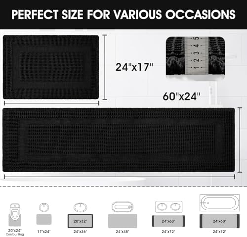 Upgraded Waffle Bath Mat Set 2 Piece Black-Looped, Super Absorbent Non-Slip Quick Dry Bathroom Rugs with Tassels, Machine Washable Ultra Soft Boho Bath Rugs for Floor, Toilet Mats Boho Farmhouse Decor