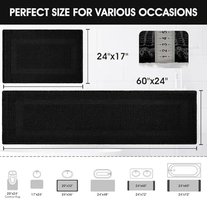 Upgraded Waffle Bath Mat Set 2 Piece Black-Looped, Super Absorbent Non-Slip Quick Dry Bathroom Rugs with Tassels, Machine Washable Ultra Soft Boho Bath Rugs for Floor, Toilet Mats Boho Farmhouse Decor