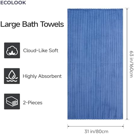 ecolook Blue Bath Towel Set of 2, 31 x 63 in, Soft and Highly Absorbent, Lightweight Microfiber Towels for Bathroom, Gym, Hotel and Spa