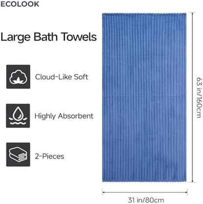 ecolook Blue Bath Towel Set of 2, 31 x 63 in, Soft and Highly Absorbent, Lightweight Microfiber Towels for Bathroom, Gym, Hotel and Spa