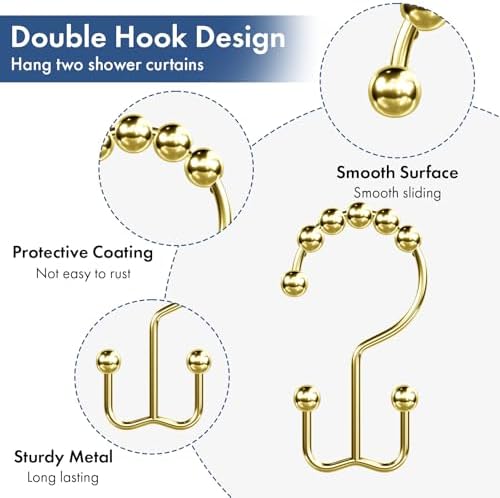 Bathway Shower Curtain Hooks Gold Shower Curtain Rings, 12 Pcs Double Hook Shower Curtain Hooks Rings Rust Shower Curtain Hangers Proof, Metal Shower Hooks for Bathroom Shower Curtain Rod