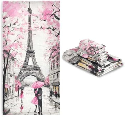 Naanle Stylish Romantic Street View of Paris Eiffel Tower Soft Luxury Decorative 3 Pieces Set Towels, 1 Bath Towel+1 Hand Towel+1 Washcloth, Multipurpose for Bathroom, Hotel, Gym, Spa and Beach