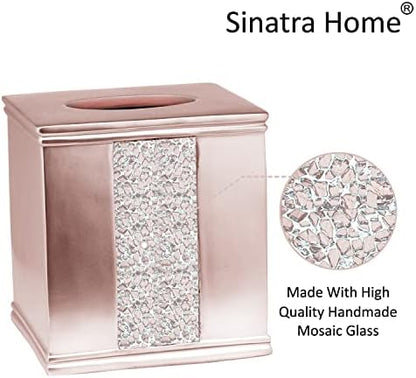 Zahari Home 2pc Sinatra Modern Bath Accessories Set Waste Basket & Tissue Box Modern Decorative Beautiful Designs Bathroom Decor Set for Home Blush Bathroom Set Mosaic Glass