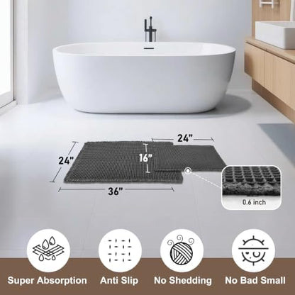 JIUZHEN Set of 2 Waffle Bathroom Rugs Boho Bath Mats 16"x24"+24"x36" Black
