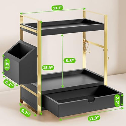2-Tier Bathroom Counter Organizer, Wooden Vanity Shelf with Drawer & Basket