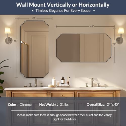 MIRRORART 24x48'' Chrome Scalloped Oblong Mirrors for Bathroom Sink