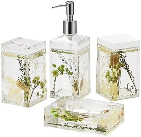 Locco Decor 4 Piece Acrylic Liquid 4D Floating Motion Bathroom Vanity Accessory Set Garden Botanic Green Plants Toothbrush Holder, Tumbler, Soap Dispenser, Soap Dish