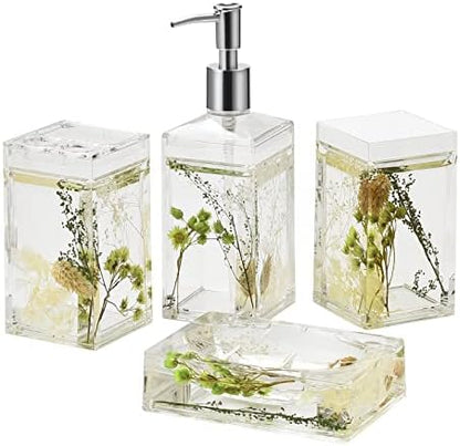Locco Decor 4 Piece Acrylic Liquid 4D Floating Motion Bathroom Vanity Accessory Set Garden Botanic Green Plants Toothbrush Holder, Tumbler, Soap Dispenser, Soap Dish