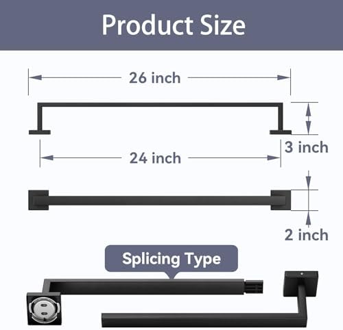 24 Inch Matte Black Towel Bar, Square Base Bathroom Towel Rack, Towel Holder Wall Mounted, Thicken SUS304 Stainless Steel Towel Rod Modern Home Decor (Total Length 26-Inch)