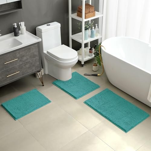 HOMEIDEAS Teal Chenille Bathroom Rugs Set of 3, Non Slip Bath Mat
