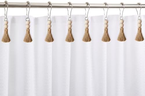 Boho Shower Curtain Hooks Rings Rustproof, CHICTIE Nautical Decorative Shower Curtain Rings with Handmade Wood Beads Tassel, Farmhouse Home Bathroom Bedroom Baby Room Decor Set of 12 (Natural Jute)