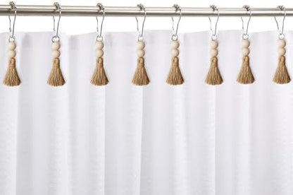 Boho Shower Curtain Hooks Rings Rustproof, CHICTIE Nautical Decorative Shower Curtain Rings with Handmade Wood Beads Tassel, Farmhouse Home Bathroom Bedroom Baby Room Decor Set of 12 (Natural Jute)