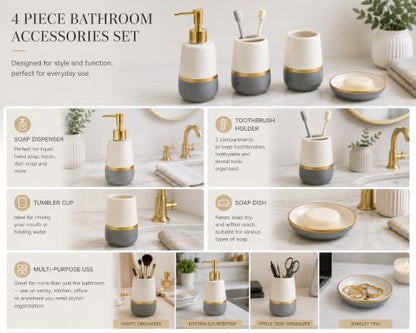4 Piece Ceramic Bathroom Accessories Set, White Gray and Gold Soap Dispenser, Toothbrush Holder, Tumbler and Soap Dish, Modern Bathroom Countertop Vanity Decor