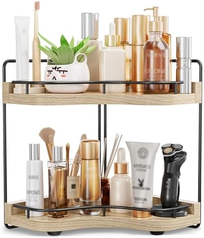 2-Tier Corner Bathroom Counter Organizer, Larger, Light Walnut