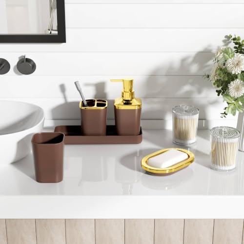 XLHOMO Bathroom Set - Brown Bathroom Accessories Set, Bathroom Sets with Shower Curtain and Rugs, Brown Shower Curtain Set with Bathroom Trash Can, Soap Dispenser, Soap Dish for Home Decor