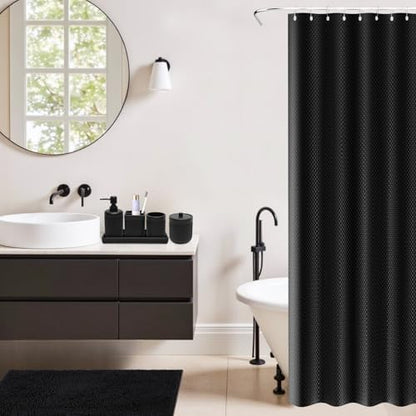 XLHOMO Matte Black Bathroom Sets with Shower Curtain and Rugs, 8-Piece Resin Bathroom Accessories Sets Complete, Soap Dispenser, Toothbrush Holder, Tumbler, Tray & Apothecary Jars Bathroom Essentials