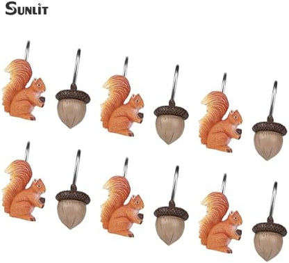 Sunlit Fall Autumn Decorative Shower Curtain Hooks, Squirrel Acorn Shower Curtain Rings, Resin, Orange Brown Cute Bathroom Curtain Hangers Decoration, Set of 12