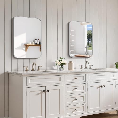 FORBATH Bathroom Mirror for Over Sink 16x24 Inch Silver, Rectanglar Wall Mirror with Metal Frame, Rounded Corners for Bathroom, Bedroom, Entryway Decor (Horizontal or Vertical)