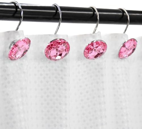 Crystal Diamond Round Shower Curtain Hooks Rings for Bathroom,Pink,12PCS