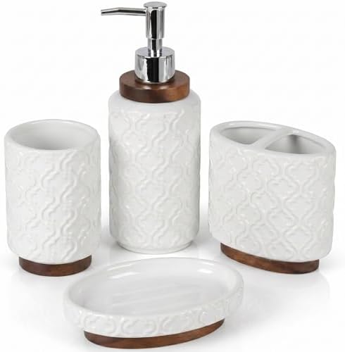 RQYIXI Ceramic Bathroom Accessories Set,White,4 Piece,Embossed Design