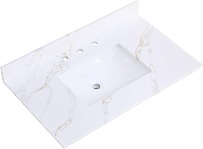 36x22 Vanity Top with Sink, Golden Calacatta Quartz Countertop with Middle Undermount Sink & Backsplash,8in. Faucet Hole Spacing Bathroom Vanity Sink Top