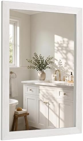 Distressed White 24x36 Inch Wood-Grain Rectangular Wall Mirror