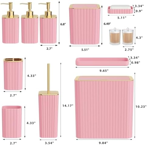 Bathroom Accessory Set - Bathroom Set, 12PC Bathroom Accessories Set, Pink Bathroom Accessories Set, Mini Trash Can, Toilet Brush, Trash Can & Soap Dispenser