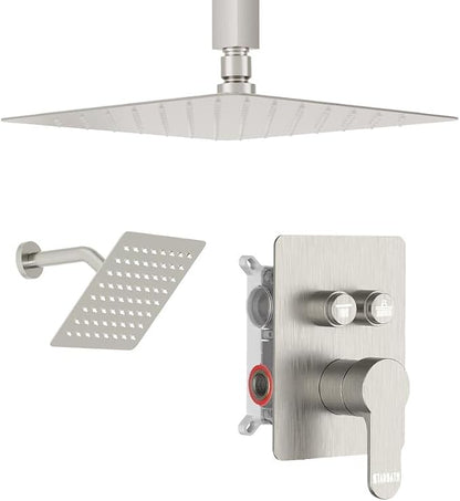 Rain Shower System, STARBATH 10" Ceiling Mount Rain Showerhead and 6" Wall Mounted Rainfall Shower for Couples, On Off Button Valve Dual Head Shower Systems Complete, Brushed Nickel