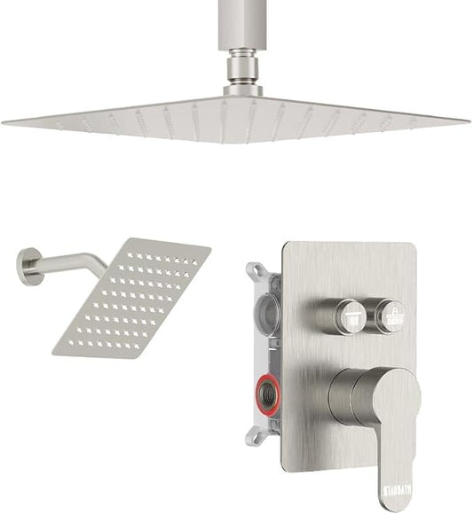 Rain Shower System, STARBATH 10" Ceiling Mount Rain Showerhead and 6" Wall Mounted Rainfall Shower for Couples, On Off Button Valve Dual Head Shower Systems Complete, Brushed Nickel