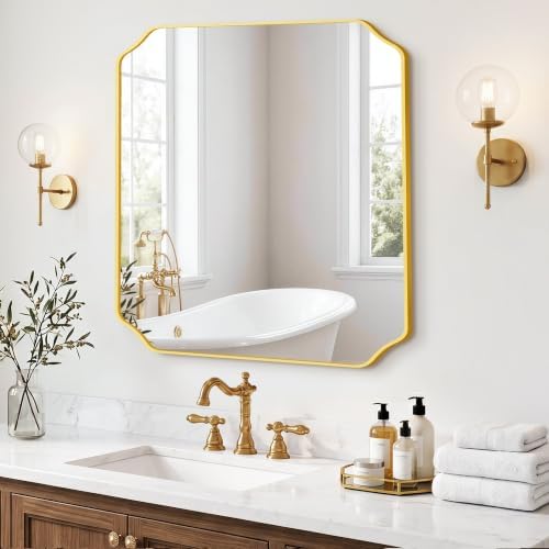 Gold Vanity Bathroom Mirror, 30" x 30" Scalloped Mirror for Wall