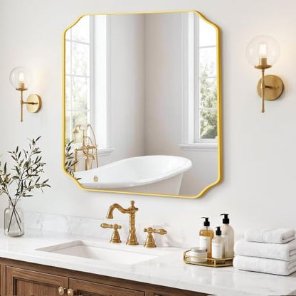 Gold Vanity Bathroom Mirror, 30" x 30" Scalloped Mirror for Wall