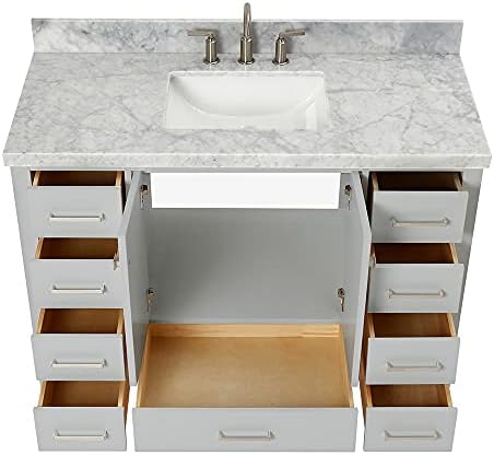 ARIEL Cambridge 48-inch Bathroom Vanity with Sink,Solid Wood, 1.5-inch Italian Carrara Marble Countertop, Single Rectangular Porcelain Sink, 2 Soft Closing Doors, 9 Dovetail Drawers, Grey