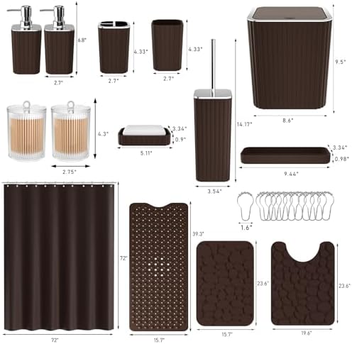 XLHOMO 26PC Bathroom Accessories Set - Gorgeous Brown Bathroom Set, Bathroom Accessory Set, Shower Curtain Set with Bathtub Mats for Shower Tub, Trash Can & Soap Dispenser