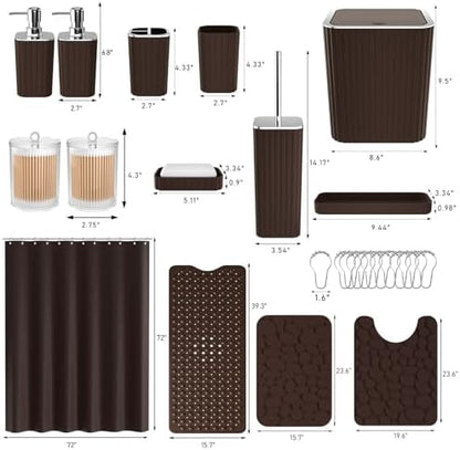 XLHOMO 26PC Bathroom Accessories Set - Gorgeous Brown Bathroom Set, Bathroom Accessory Set, Shower Curtain Set with Bathtub Mats for Shower Tub, Trash Can & Soap Dispenser