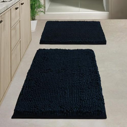 Bathroom Rugs Sets 2 Piece Chenille Bathroom Rugs,Extra Thick and Absorbent,Strong PVC Non-Slip Underside, Machine Washable, Dry Quckily, Soft Cozy Plush for Toilet,Bedroom (Black)