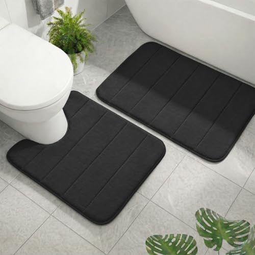 Memory Foam Bathroom Rugs Sets 2 Piece, Extra Soft Absorbent Quick Dry Bath Mat Set, with U-Shaped Toilet Rug, Machine Washable Non Slip Bath Rugs for Bathroom, Shower and Tub, Black