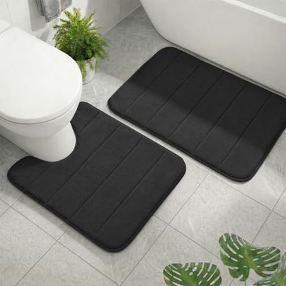 Memory Foam Bathroom Rugs Sets 2 Piece, Extra Soft Absorbent Quick Dry Bath Mat Set, with U-Shaped Toilet Rug, Machine Washable Non Slip Bath Rugs for Bathroom, Shower and Tub, Black