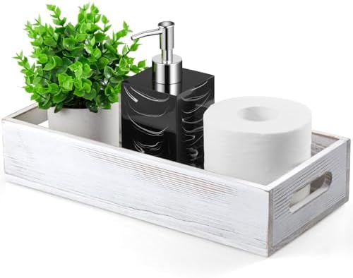 ALELION White Bathroom Basket - Wooden Toilet Tank Paper Basket with Handle for Organizing - Back of Toilet Storage Organizer for Bathroom Tank Topper Counter